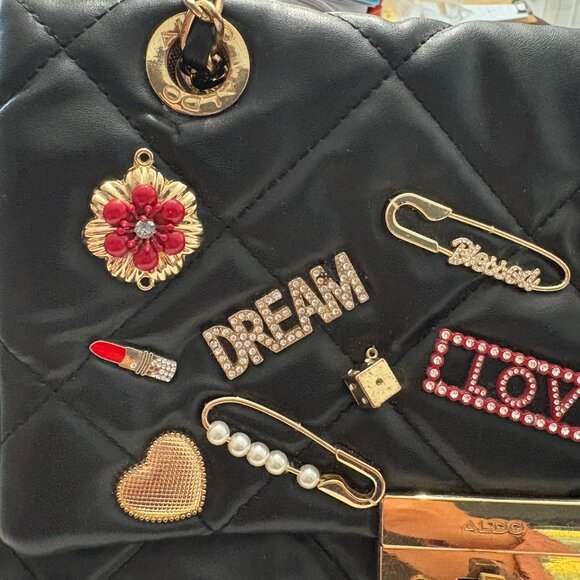 Aldo Black Quilted Chain Strap Shoulder Bag W/ GoldTone Accent & Decorative Pins - Picture 13 of 16